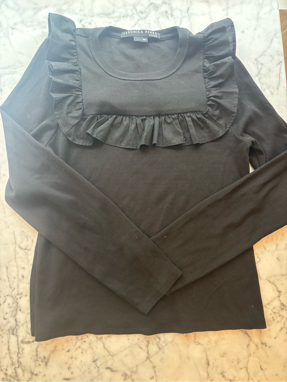 Veronica Beard Black Ruffle-Yoke Long Sleeve Top